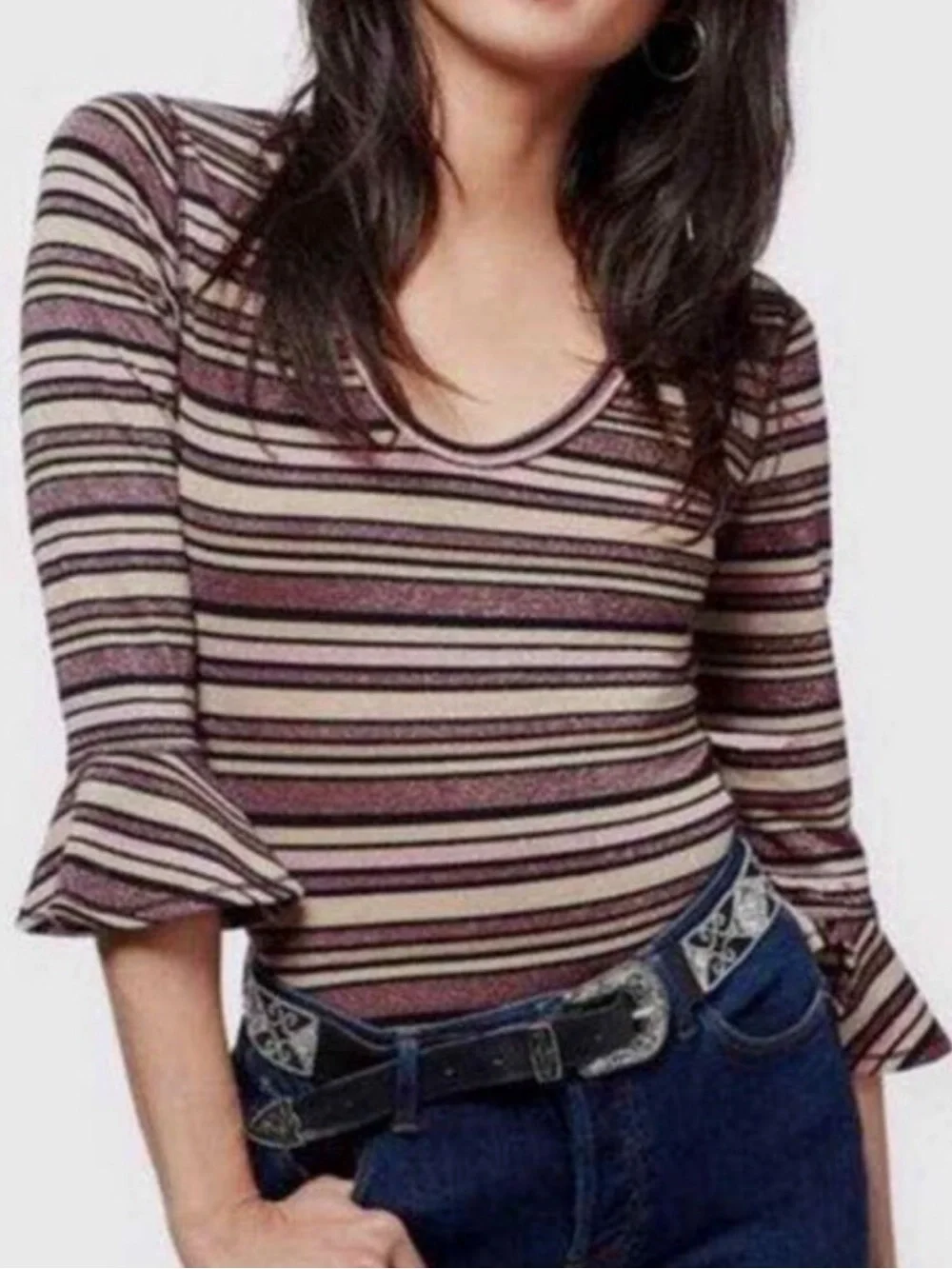 Free People Earth Tone Striped Scoop Neck Bell Sleeve Top Metallic Thread Small